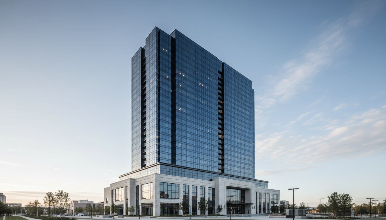 Modern mixed-use commercial real estate development in clear daylight